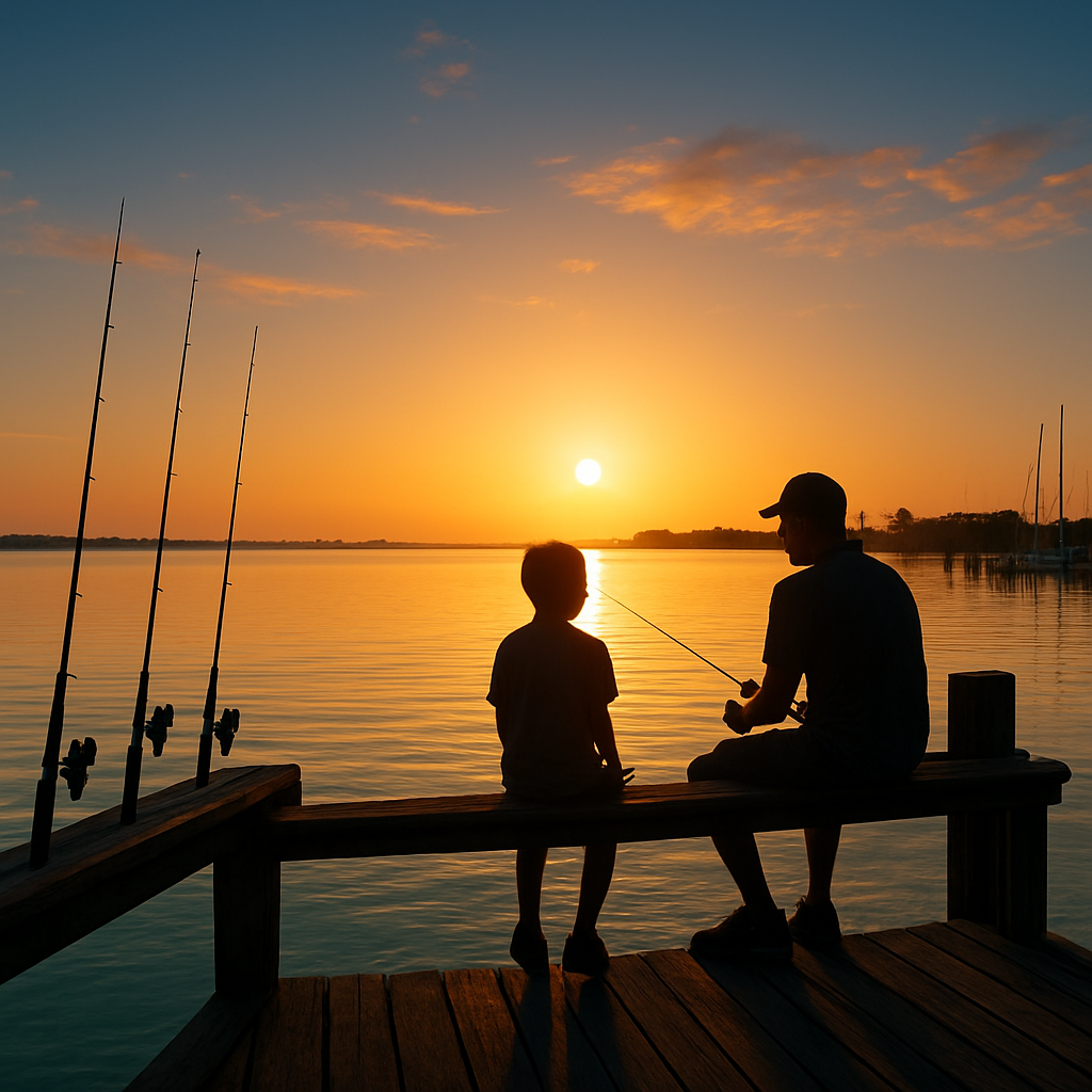 Youth and mentor fishing at a Florida marina at sunrise